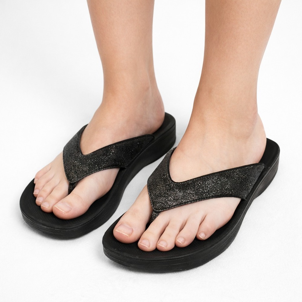 Aerothotic Platform Flip Flops Women's Size 39 Black Glitter Thong Wedge Sandals